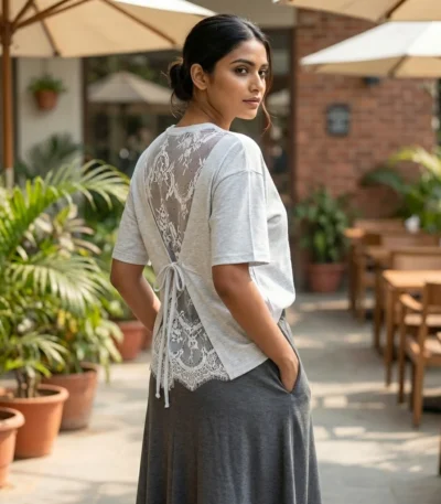 Women's light grey heathered t shirt featuring a delicate white floral lace open back with tie up detail (1)