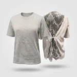 Women's light grey heathered t shirt featuring a delicate white floral lace open back with tie up detail (2)