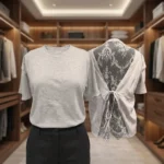 Women's light grey heathered t shirt featuring a delicate white floral lace open back with tie up detail (5)