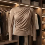 Women's long sleeve ruched front top, taupe brown fitted blouse, elegant gathered bodice shirt for women (1)