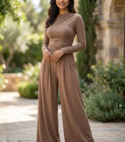 Women's long sleeve ruched front top, taupe brown fitted blouse, elegant gathered bodice shirt for women (4)