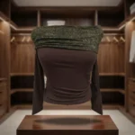 Women's off shoulder chocolate brown long sleeve top with olive green lace neckline (2)