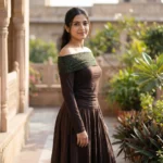 Women's off shoulder chocolate brown long sleeve top with olive green lace neckline (4)