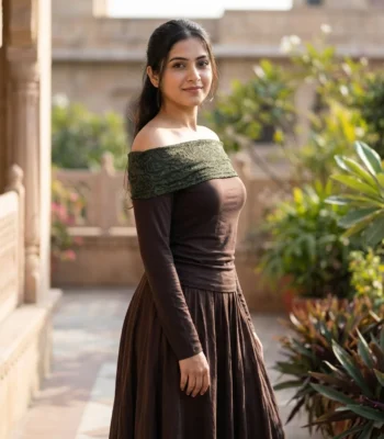 Women's off shoulder chocolate brown long sleeve top with olive green lace neckline (4)