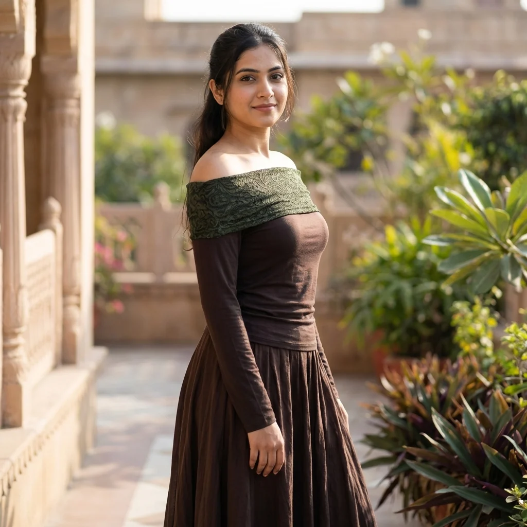 Women's off shoulder chocolate brown long sleeve top with olive green lace neckline (4)