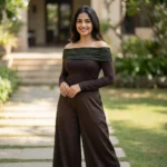 Women's off shoulder chocolate brown long sleeve top with olive green lace neckline (5)