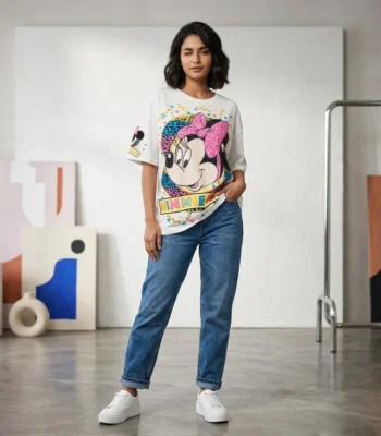 Women's oversized white t shirt featuring a retro Minnie Mouse graphic print with pink bow and leopard accents (1)