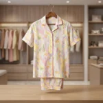 Women’s pastel marble print pajama set with notched collar and short sleeves (1)