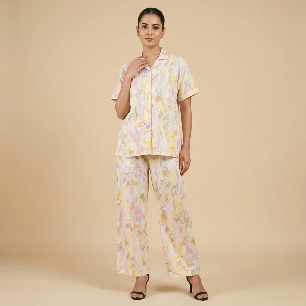 Women’s pastel marble print pajama set with notched collar and short sleeves (2) Women’s pastel marble print pajama set with notched collar and short sleeves (2)