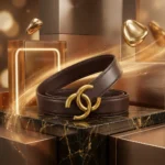 Women’s premium brown leather belt with interlocking gold buckle (1)