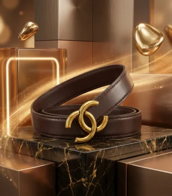 Women’s premium brown leather belt with interlocking gold buckle (1)