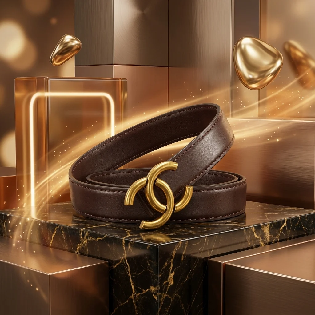 Women’s premium brown leather belt with interlocking gold buckle (1)