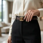 Women’s premium brown leather belt with interlocking gold buckle (2)