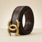 Women’s premium brown leather belt with interlocking gold buckle (4)