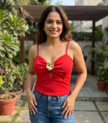 Women's red sweetheart neck cami top with gold rose brooch (1)