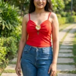 Women's red sweetheart neck cami top with gold rose brooch (2)