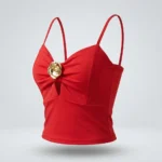 Women's red sweetheart neck cami top with gold rose brooch (5)