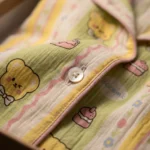 Women's short sleeve pajama set with pastel stripes and yellow teddy bear illustrations (3)