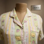 Women's short sleeve pajama set with pastel stripes and yellow teddy bear illustrations (4)