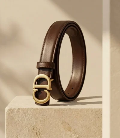 Women's smooth brown leather belt with antique gold CD monogram buckle on a stone surface (2)
