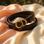 Women's smooth brown leather belt with antique gold CD monogram buckle on a stone surface (4)