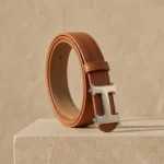 Women's tan leather fashion belt featuring a polished silver H style buckle (2)