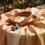 Women's tan leather fashion belt featuring a polished silver H style buckle (3)