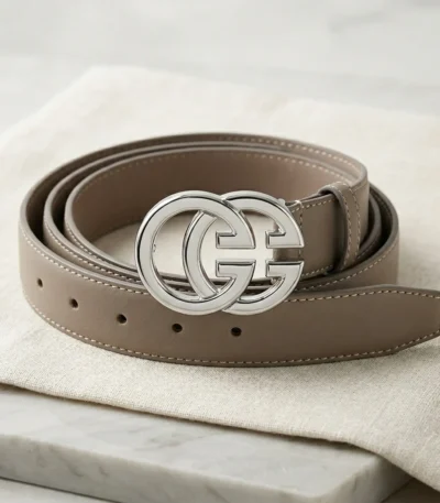 Women’s taupe leather belt with interlocking silver double G buckle (1)