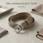 Women’s taupe leather belt with interlocking silver double G buckle (2)