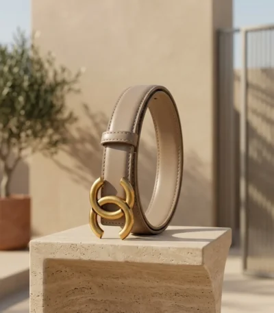 Women’s taupe leather belt with matte gold interlocking C logo buckle (1)