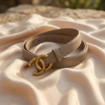 Women’s taupe leather belt with matte gold interlocking C logo buckle (2)