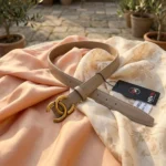 Women’s taupe leather belt with matte gold interlocking C logo buckle (3)