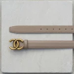 Women’s taupe leather belt with matte gold interlocking C logo buckle (5)