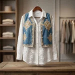 Women's two piece ensemble featuring a sheer white embroidered shirt and a blue denim style vest with golden floral motifs and crochet borders (1)