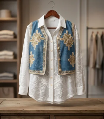 Women's two piece ensemble featuring a sheer white embroidered shirt and a blue denim style vest with golden floral motifs and crochet borders (1)