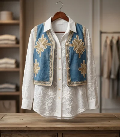 Women's two piece ensemble featuring a sheer white embroidered shirt and a blue denim style vest with golden floral motifs and crochet borders (1)