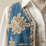 Women's two piece ensemble featuring a sheer white embroidered shirt and a blue denim style vest with golden floral motifs and crochet borders (2)