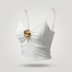 Women's white sweetheart neck camisole top with a central 3D gold rose embellishment and adjustable straps (1)