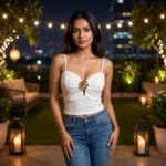 Women's white sweetheart neck camisole top with a central 3D gold rose embellishment and adjustable straps (2)