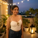 Women's white sweetheart neck camisole top with a central 3D gold rose embellishment and adjustable straps (3)