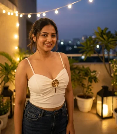 Women's white sweetheart neck camisole top with a central 3D gold rose embellishment and adjustable straps (3)