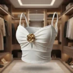 Women's white sweetheart neck camisole top with a central 3D gold rose embellishment and adjustable straps (5)