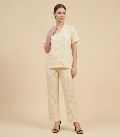 Women's yellow notched collar night suit with Kookie puppy print and contrast piping (3)