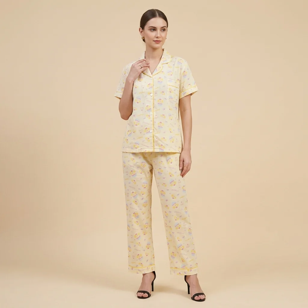 Women's yellow notched collar night suit with Kookie puppy print and contrast piping (3)