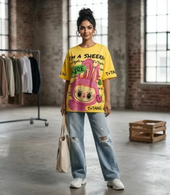 Women's yellow oversized t shirt featuring a pink sequin bunny and rhinestone text embellishments (1)