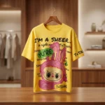 Women's yellow oversized t shirt featuring a pink sequin bunny and rhinestone text embellishments (2)