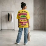 Women's yellow oversized t shirt featuring a pink sequin bunny and rhinestone text embellishments (5)