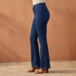 Y RUS women's high rise blue bootcut jeans featuring contrast stitching and a flared hem (1)