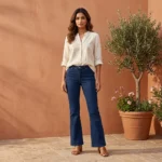 Y RUS women's high rise blue bootcut jeans featuring contrast stitching and a flared hem (3)