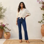 Y RUS women's high rise blue bootcut jeans featuring contrast stitching and a flared hem (4)